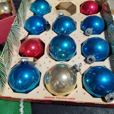 Vintage Christmas Felt Santa, Shiny Brite glass bulbs, and plastic Christmas ornament set