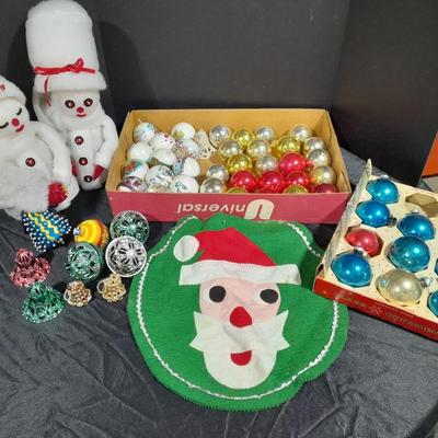 Vintage Christmas Felt Santa, Shiny Brite glass bulbs, and plastic Christmas ornament set
