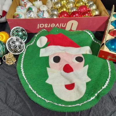 Vintage Christmas Felt Santa, Shiny Brite glass bulbs, and plastic Christmas ornament set