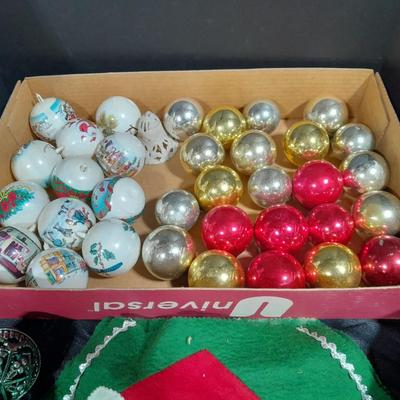 Vintage Christmas Felt Santa, Shiny Brite glass bulbs, and plastic Christmas ornament set