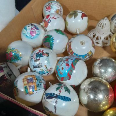 Vintage Christmas Felt Santa, Shiny Brite glass bulbs, and plastic Christmas ornament set