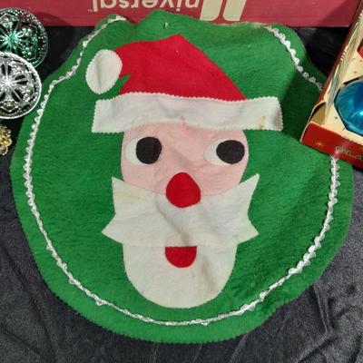 Vintage Christmas Felt Santa, Shiny Brite glass bulbs, and plastic Christmas ornament set