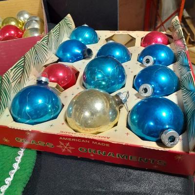 Vintage Christmas Felt Santa, Shiny Brite glass bulbs, and plastic Christmas ornament set