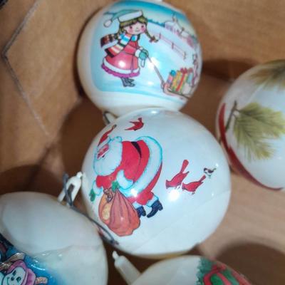 Vintage Christmas Felt Santa, Shiny Brite glass bulbs, and plastic Christmas ornament set