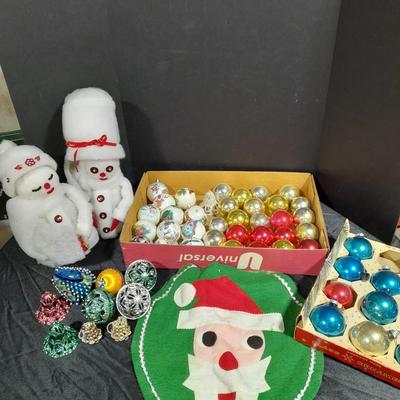 Vintage Christmas Felt Santa, Shiny Brite glass bulbs, and plastic Christmas ornament set
