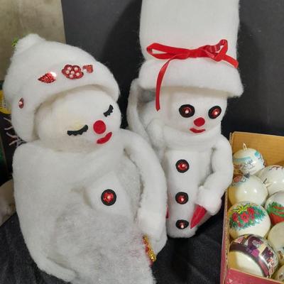 Vintage Christmas Felt Santa, Shiny Brite glass bulbs, and plastic Christmas ornament set