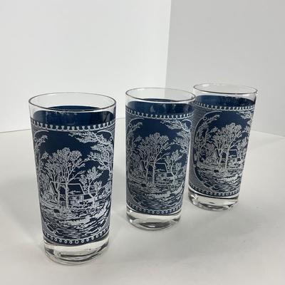 -260- GLASSWARE | Currier & Ives Old Mill Dark Blue Drinking & Juice Glasses