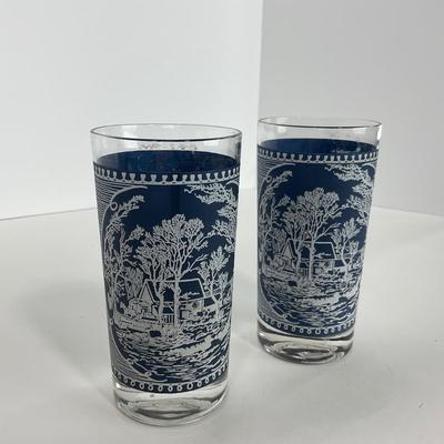 -260- GLASSWARE | Currier & Ives Old Mill Dark Blue Drinking & Juice Glasses