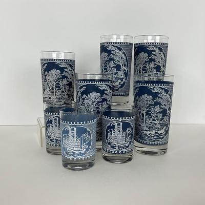 -260- GLASSWARE | Currier & Ives Old Mill Dark Blue Drinking & Juice Glasses