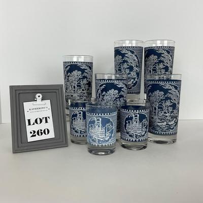 -260- GLASSWARE | Currier & Ives Old Mill Dark Blue Drinking & Juice Glasses