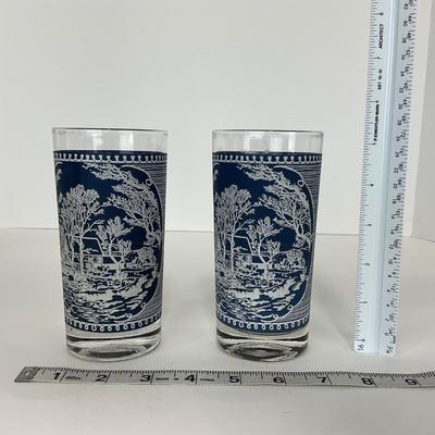 -260- GLASSWARE | Currier & Ives Old Mill Dark Blue Drinking & Juice Glasses