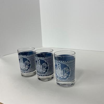 -260- GLASSWARE | Currier & Ives Old Mill Dark Blue Drinking & Juice Glasses
