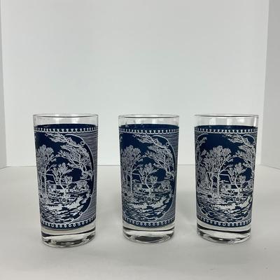 -260- GLASSWARE | Currier & Ives Old Mill Dark Blue Drinking & Juice Glasses