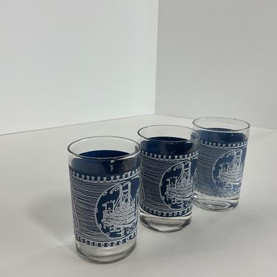 -260- GLASSWARE | Currier & Ives Old Mill Dark Blue Drinking & Juice Glasses