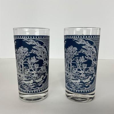 -260- GLASSWARE | Currier & Ives Old Mill Dark Blue Drinking & Juice Glasses