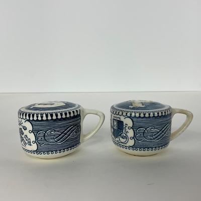 -263- GLASSWARE | Currier & Ives | Covered Sugar, Creamer, Salt & Pepper Shakers