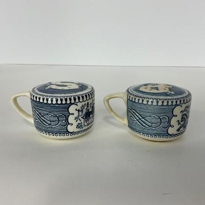 -263- GLASSWARE | Currier & Ives | Covered Sugar, Creamer, Salt & Pepper Shakers