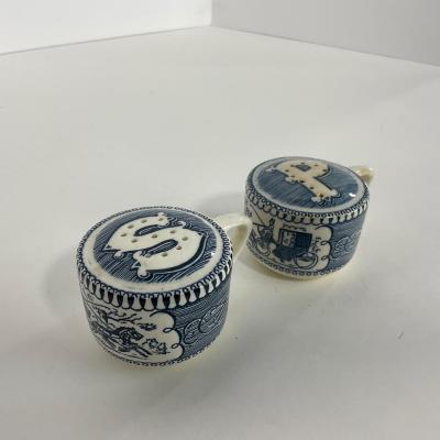 -263- GLASSWARE | Currier & Ives | Covered Sugar, Creamer, Salt & Pepper Shakers