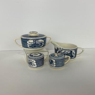 -263- GLASSWARE | Currier & Ives | Covered Sugar, Creamer, Salt & Pepper Shakers