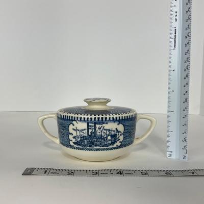 -263- GLASSWARE | Currier & Ives | Covered Sugar, Creamer, Salt & Pepper Shakers