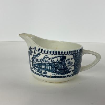 -263- GLASSWARE | Currier & Ives | Covered Sugar, Creamer, Salt & Pepper Shakers