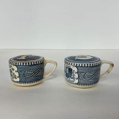 -264- GLASSWARE | Currier & Ives | Covered Sugar, Creamer, Salt & Pepper Shakers