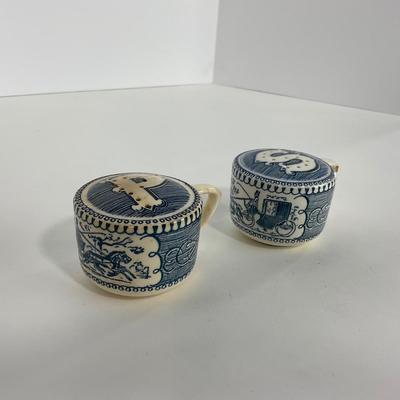 -264- GLASSWARE | Currier & Ives | Covered Sugar, Creamer, Salt & Pepper Shakers