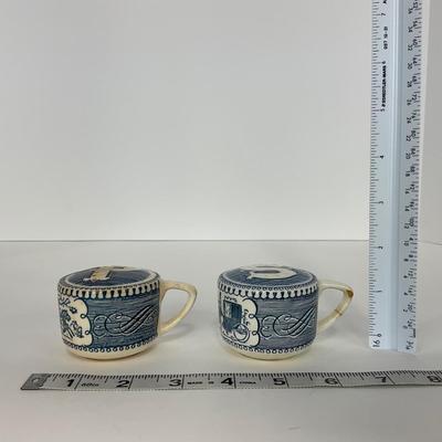 -264- GLASSWARE | Currier & Ives | Covered Sugar, Creamer, Salt & Pepper Shakers