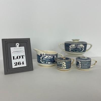 -264- GLASSWARE | Currier & Ives | Covered Sugar, Creamer, Salt & Pepper Shakers