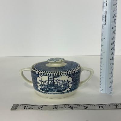 -264- GLASSWARE | Currier & Ives | Covered Sugar, Creamer, Salt & Pepper Shakers