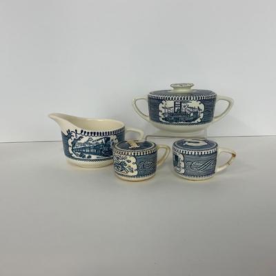 -264- GLASSWARE | Currier & Ives | Covered Sugar, Creamer, Salt & Pepper Shakers