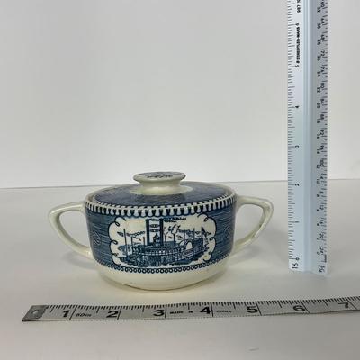 -265- GLASSWARE | Currier & Ives | Covered Sugar, Creamer, Salt & Pepper Shaker