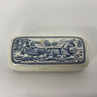 -265- GLASSWARE | Currier & Ives | Covered Sugar, Creamer, Salt & Pepper Shaker
