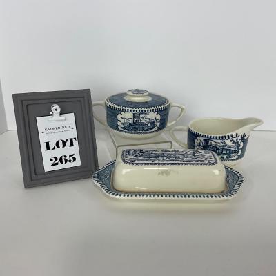 -265- GLASSWARE | Currier & Ives | Covered Sugar, Creamer, Salt & Pepper Shaker