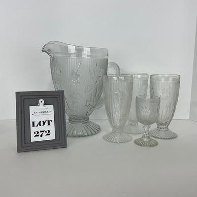 -272- GLASSWARE | Iris & Herringbone Jeanette Glass Co. | Pitcher, Tumbler, & Cordial