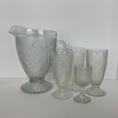 -272- GLASSWARE | Iris & Herringbone Jeanette Glass Co. | Pitcher, Tumbler, & Cordial