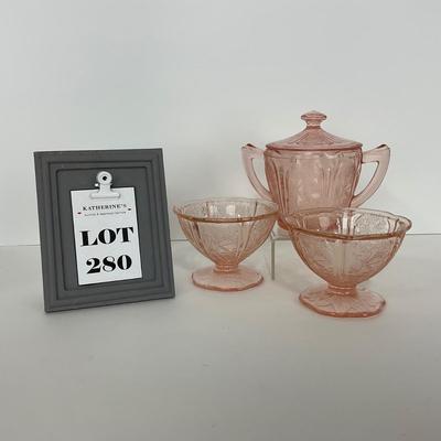 -280- GLASSWARE | Cherry Blossom Jeanette Glass Co. | Sherbets & Covered Sugar