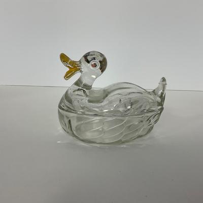 -283- GLASSWARE | Vintage Depression Glass Duck | Painted Trinket Box