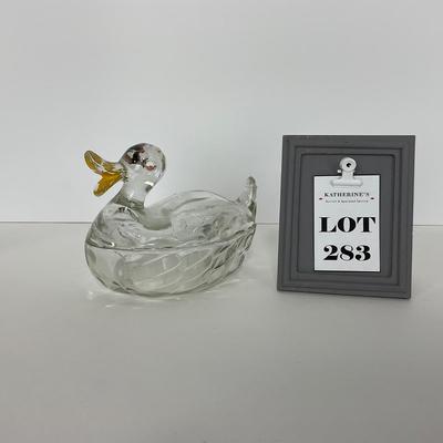 -283- GLASSWARE | Vintage Depression Glass Duck | Painted Trinket Box