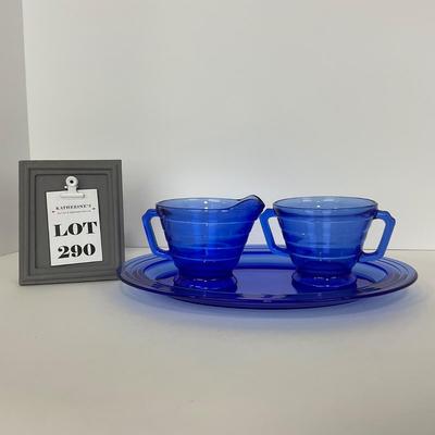 -290- GLASSWARE | Moderntone Hazel Atlas Glass Co. | Creamer, Sugar, & Platter