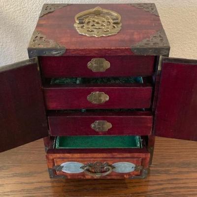 Asian Wooden Jewelry Box With Brass Trim