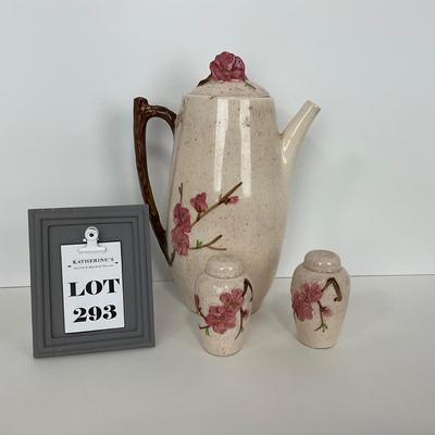 -293- POTTERY | Poppytrail Peach Blossom Metlox | Tea Pot, Salt & Pepper Shakers