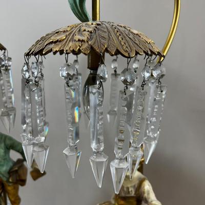 Collection Franchise, Gilded Metal Pair of Lamps, Boy & Girl, Circa 1960's with Dandle Crystals 