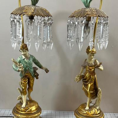 Collection Franchise, Gilded Metal Pair of Lamps, Boy & Girl, Circa 1960's with Dandle Crystals 