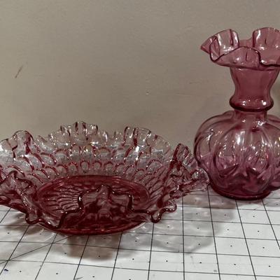 Darker Pink  Fenton Fluted Vase and Bowl. 