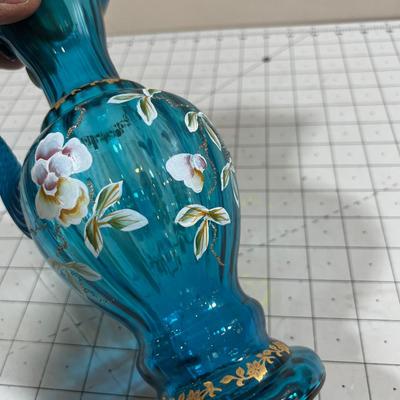 Fenton Ewer Blue with Hand Painted Flowers