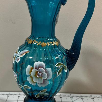 Fenton Ewer Blue with Hand Painted Flowers