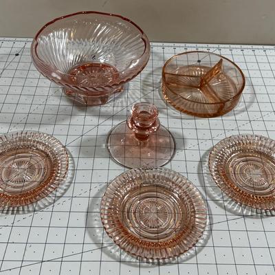 Pink Depression Glass Mixed Lot Candle Stick, Serving Dishes and Salad Plate 