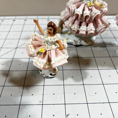 (4) Pink Lace Dresden Figurines 