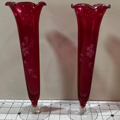2 Fluted Cranberry Bud Vases